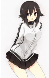 Rule 34 | 10s, 1girl, arms behind back, black hair, black skirt, blush, hayasui (kancolle), jacket, kantai collection, kinona, long sleeves, looking at viewer, miniskirt, open mouth, pleated skirt, short hair, simple background, skirt, smile, solo, track jacket, turtleneck, zipper