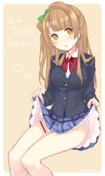 Rule 34 | 10s, 1girl, 2014, artist name, bad id, bad twitter id, between thighs, blazer, blush, bow, bowtie, breasts, brown eyes, brown hair, clothes lift, dated, food, heart, heart-shaped pupils, jacket, long hair, looking at viewer, love live!, love live! school idol project, medium breasts, minami kotori, nerunnn, panties, petticoat, pocky, pocky day, school uniform, sitting, skirt, skirt lift, solo, symbol-shaped pupils, underwear, white panties