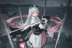 Rule 34 | 1girl, absurdres, arknights, artist name, belt, bird, black gloves, black jacket, chain, closed mouth, cloud, cloudy sky, cowboy shot, day, earrings, fire, gloves, grey eyes, gun, head wings, high-waist skirt, highres, holding, holding sword, holding weapon, irene (arknights), jacket, jewelry, lantern, layered skirt, light particles, lighthouse, long hair, long sleeves, looking at viewer, ocean, outdoors, pink fire, purple skirt, rapier, scar, scar across eye, scar on face, skirt, sky, smile, solo, sword, very long hair, water, weapon, weibo watermark, white hair, white skirt, wings, ziyiganmu