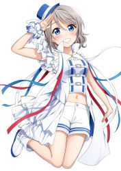 Rule 34 | 1girl, blue eyes, blue hat, blue ribbon, boots, chest belt, commentary request, frilled sleeves, frills, grey hair, grin, hat, hat ribbon, jacket, jumping, looking at viewer, love live!, love live! school idol festival, love live! sunshine!!, navel, red ribbon, ribbon, salute, scrunchie, short hair, shorts, simple background, smile, solo, suzume miku, watanabe you, white background, white footwear, white jacket, white ribbon, white shorts, wrist scrunchie