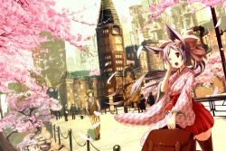 Rule 34 | 1boy, 1girl, animal ears, black thighhighs, blush, bow, cherry blossoms, hair bow, long hair, looking at another, looking away, one eye closed, open mouth, original, red eyes, red skirt, sakuhiko, skirt, steampunk, suitcase, thighhighs, yagasuri