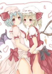 2girls absurdres ascot ass asymmetrical_hair asymmetrical_wings bat_wings blonde_hair clothes_lift dress dress_lift flandre_scarlet from_side hair_between_eyes hat highres light_purple_hair looking_at_viewer mob_cap multiple_girls pink_dress red_dress red_eyes remilia_scarlet sakura_mochi_usa sakuramochi_usa short_hair siblings side_ponytail simple_background sisters skirt skirt_lift thighs touhou wings