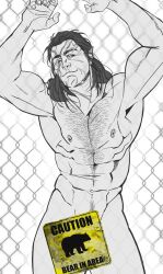 Rule 34 | 1boy, animal print, arms up, baldur&#039;s gate, baldur&#039;s gate 3, bara, bear print, bonjourdraws, censored, chest hair, completely nude, dungeons &amp; dragons, elf, feet out of frame, fence, greyscale, halsin, highres, large pectorals, male focus, mature male, medium hair, monochrome, muscular, muscular male, navel hair, nipples, nude, pectorals, pointy ears, sign, smile, solo, spot color, standing, thick eyebrows, warning sign