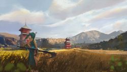 Rule 34 | 1girl, absurdres, architecture, building, cloud, dress, east asian architecture, from behind, grass, green dress, green hair, highres, holding, holding weapon, long hair, mountainous horizon, original, outdoors, scenery, side slit, silo (owo), standing, thighlet, tree, twintails, weapon
