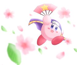 Rule 34 | :d, absurdres, blue eyes, blurry, blurry foreground, clothing request, commentary request, copy ability, flower, hand fan, highres, kirby, kirby&#039;s return to dream land, kirby (series), leaf, mitorizu 02, ninja kirby, nintendo, open mouth, paper fan, pink flower, simple background, smile, white background