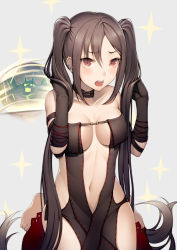 Rule 34 | 1girl, bare shoulders, barefoot, black dress, black gloves, blush, breasts, brown eyes, brown hair, center opening, choker, cleavage, dress, ear piercing, earrings, elbow gloves, fate/grand order, fate (series), feet, gloves, grey background, jewelry, kneeling, kyoeiki, long hair, looking at viewer, multiple earrings, navel, open mouth, piercing, revealing clothes, ribbon-trimmed dress, simple background, solo, sparkle, strapless, strapless dress, thighs, twintails, very long hair, yu mei-ren (fate)