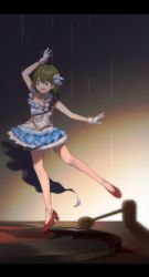 Rule 34 | 1girl, bare legs, blue skirt, bow, brown eyes, commentary request, dancing, detached collar, gloves, green hair, hair bow, hair ribbon, high heels, highres, idolmaster, idolmaster shiny colors, layered skirt, letterboxed, nanakusa nichika, phonograph, puppet strings, red footwear, ribbon, scratches, short hair, skirt, sleeveless, solo, soppppphie, string, sweat, white gloves