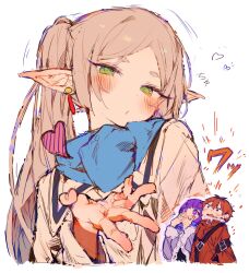Rule 34 | 1boy, 2girls, blue scarf, blush, coat, commentary request, covering own mouth, earrings, elf, fern (sousou no frieren), frieren, frieren blowing a kiss (meme), green eyes, heart, highres, jacket, jewelry, long hair, long sleeves, looking at viewer, meme, multicolored hair, multiple girls, otintin, pointy ears, purple coat, purple eyes, purple hair, pursed lips, red hair, red jacket, scarf, short hair, simple background, sousou no frieren, stark (sousou no frieren), streaked hair, translation request, twintails, upper body, white background, white coat, white hair