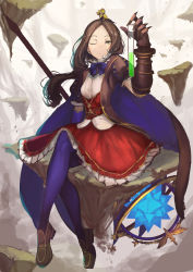 Rule 34 | 1girl, absurdres, blue bow, blue bowtie, blue cape, blue pantyhose, bow, bowtie, brown footwear, brown hair, cape, closed mouth, corset, fate/grand order, fate (series), frilled skirt, frills, full body, green eyes, highres, holding, leonardo da vinci (fate), leonardo da vinci (fate/grand order), leonardo da vinci (rider) (fate), loafers, long hair, one eye closed, pantyhose, parted bangs, puffy short sleeves, puffy sleeves, red skirt, shirt, shoes, short sleeves, sitting, skirt, solo, staff, star (symbol), star print, ton (artist), vial, white shirt