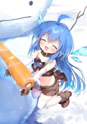 Rule 34 | 1girl, :d, ^ ^, ahoge, bare shoulders, blue hair, blue wings, blush, boots, brown footwear, brown gloves, brown shorts, carrot, closed eyes, commentary, day, detached sleeves, detached wings, facing viewer, gloves, groin, hair between eyes, highres, ice, ice wings, long hair, long sleeves, mini person, minigirl, navel, open mouth, original, outdoors, piyodera mucha, pointy ears, short shorts, shorts, smile, snow, snowman, solo, strapless, symbol-only commentary, thighhighs, thighhighs under boots, very long hair, white sleeves, white thighhighs, wings