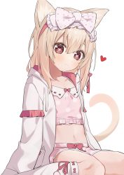 Rule 34 | 1girl, absurdres, amai hiyo, amai hiyo channel, animal ear fluff, animal ears, blush, bow, braid, brown eyes, cat ears, cat girl, cat tail, closed mouth, commentary request, crop top, drawstring, feet out of frame, hair between eyes, hairband, heart, highres, hood, hood down, hooded jacket, jacket, kneehighs, light brown hair, long hair, long sleeves, looking at viewer, navel, open clothes, open jacket, pink shirt, pink shorts, polka dot, polka dot bow, polka dot shirt, polka dot shorts, red bow, red hairband, red ribbon, ribbon, shirt, short shorts, shorts, simple background, sitting, smile, socks, solo, syhan, symbol-shaped pupils, tail, virtual youtuber, wariza, wavy mouth, white background, white bow, white jacket, white socks