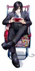 Rule 34 | 1boy, absurdres, black footwear, black hair, black legwear, black necktie, black pants, black suit, buttons, candy, clenched teeth, collared shirt, fafnir (maidragon), food, formal, full body, glasses, hair over one eye, handheld game console, highres, holding, kobayashi-san chi no maidragon, long hair, male focus, necktie, omizu 03, one eye covered, pants, red eyes, round eyewear, shirt, shoes, shopping cart, simple background, sitting, solo, suit, teeth, white background, white shirt