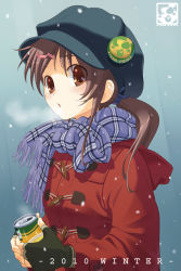 Rule 34 | 1girl, aoi sora (pairan), breath, brown eyes, brown hair, can, coat, drink can, fingerless gloves, gloves, hair ornament, hairclip, hat, jacket, lapel pin, long sleeves, looking at viewer, original, pairan, pin, plaid, plaid scarf, red jacket, scarf, snowing, soda can, solo, toggle, toggle clasps, twintails, upper body