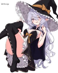 Rule 34 | 1girl, absurdres, artist name, black dress, black footwear, black hat, boots, breasts, convenient leg, dress, fang, grey hair, hat, highres, knees up, leaning back, long hair, medium breasts, open mouth, original, pointy ears, rakutarou (rakutpi), red eyes, smile, solo, thigh boots, thighs, white dress, witch hat