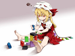 Rule 34 | &gt;:t, 1girl, :t, ascot, asutora, barefoot, blonde hair, commentary, crystal, feet, flandre scarlet, full body, hat, hat ribbon, mob cap, pointy ears, pout, puffy short sleeves, puffy sleeves, red eyes, red ribbon, red skirt, ribbon, short sleeves, side ponytail, sitting, skirt, soles, solo, squiggle, toes, touhou, v-shaped eyebrows, vest, wings