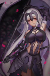 Rule 34 | 1girl, arm up, armor, armored dress, armpits, banner, bare shoulders, black gloves, blurry, blurry background, blush, breasts, chain, cleavage, cleavage cutout, clothing cutout, commentary request, cowboy shot, depth of field, dress, dual wielding, elbow gloves, estcc, fate/grand order, fate (series), fur-trimmed gloves, fur trim, gloves, grey hair, head tilt, headpiece, highres, holding, holding weapon, jeanne d&#039;arc (fate), jeanne d&#039;arc alter (avenger) (fate), jeanne d&#039;arc alter (avenger) (third ascension) (fate), jeanne d&#039;arc alter (fate), large breasts, long hair, looking at viewer, midriff, navel, navel cutout, parted lips, petals, pink eyes, pink lips, purple dress, skull, sleeveless, sleeveless dress, solo, straight hair, v-shaped eyebrows, vambraces, very long hair, weapon