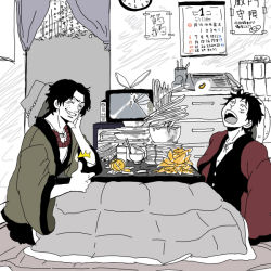 Rule 34 | 2boys, brothers, clock, food, freckles, fruit, glass, head rest, jewelry, kotatsu, male focus, monkey d. luffy, multiple boys, necklace, one piece, orange (fruit), plate, portgas d. ace, shueisha, siblings, sitting, table, television