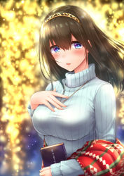 Rule 34 | 1girl, backlighting, blue eyes, blue sweater, blurry, blush, book, breasts, brown hair, depth of field, glint, hair between eyes, hairband, hand on own chest, holding, holding book, idolmaster, idolmaster cinderella girls, jewelry, kyuunosuke (lactis09), large breasts, long hair, long sleeves, looking at viewer, necklace, parted lips, pendant, sagisawa fumika, shawl, sleeves past wrists, smile, solo, striped, sweater, tareme, turtleneck, turtleneck sweater, upper body, vertical stripes