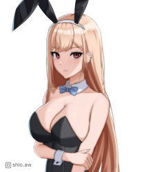 Rule 34 | 1girl, absurdres, animal ears, bare shoulders, black leotard, blonde hair, blue bow, blue bowtie, bow, bowtie, breasts, cleavage, collarbone, commentary request, detached collar, ear piercing, earrings, eyelashes, fake animal ears, highres, instagram username, jewelry, kitagawa marin, large breasts, leotard, long hair, looking at viewer, piercing, playboy bunny, red eyes, shadow, shio aw, simple background, sono bisque doll wa koi wo suru, strapless, strapless leotard, upper body, v-shaped eyebrows, white background, wrist cuffs