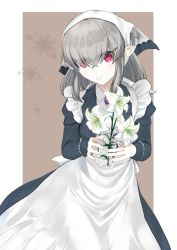 Rule 34 | 1girl, apron, breasts, brooch, eyes visible through hair, flower, grey hair, hair ornament, hairclip, highres, holding vase, jewelry, lily (flower), long hair, long sleeves, looking at viewer, maid, maid apron, medium breasts, original, pointy ears, red eyes, satoshiki, sidelocks, simple background, solo, standing, vase