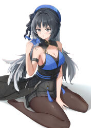 1girl :o absurdres animal animal_on_shoulder arm_support armlet bare_shoulders beret bird bird_on_shoulder black_bow black_hair black_skirt blue_bird blue_hat blue_nails bow breasts brown_thighhighs buttons cleavage collarbone colored_tips double-breasted floating_hair from_above full_body gradient_hair grey_eyes grey_hair hair_bow hair_intakes hand_up hat high-waist_skirt highres index_finger_raised jewelry large_breasts light_blush long_hair looking_at_animal multicolored_hair no_shoes parted_hair shadow sideboob sidelocks simple_background sitting skirt tassel thighhighs two-tone_hair underbust very_long_hair wariza white_background wuthering_waves yangyang_(wuthering_waves) yuheng-art