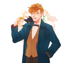 Rule 34 | 1boy, animal, bow, bowtie, bowtruckle, brown hair, character name, chunsik, coin, dated, fantastic beasts and where to find them, flower, harry potter (series), male focus, newt scamander, niffler, simple background, solo, sparkle, upper body, white background, wizarding world