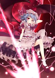 Rule 34 | 1girl, abusoru, ascot, bat wings, blue eyes, dress, full moon, hand in own hair, hat, hat ribbon, looking at viewer, mary janes, mob cap, moon, night, pink dress, pink eyes, puffy sleeves, red moon, remilia scarlet, ribbon, sash, shoes, short sleeves, sky, smile, solo, spear the gungnir, touhou, wings, wrist cuffs