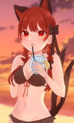 Rule 34 | 1girl, animal ears, aoringo orin, beach, bikini, bow, braid, cat ears, cat tail, cloud, cup, drinking straw, dusk, eyebrows hidden by hair, front-tie top, gradient sky, highres, kaenbyou rin, multiple tails, nekomata, open mouth, orange sky, red eyes, red hair, sky, solo, sunset, swimsuit, tail, touhou, twilight, twin braids, two tails