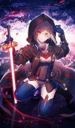 Rule 34 | 1girl, absurdres, adjusting clothes, adjusting headwear, arm up, armor, armored boots, artoria pendragon (fate), black coat, black leotard, blue footwear, blue gloves, boots, braid, breastplate, cloud, cloudy sky, coat, commentary request, crack, cracked floor, energy sword, excalibur (fate/stay night), fate/grand order, fate (series), floating hair, french braid, full body, gloves, glowing, glowing sword, glowing weapon, hair between eyes, highres, holding, holding sword, holding weapon, hood, hood up, hooded coat, leotard, light trail, lightsaber, long sleeves, looking at viewer, motion blur, multicolored eyes, mysterious heroine x alter (fate), mysterious heroine x alter (third ascension) (fate), natsutora, on ground, open clothes, open coat, outdoors, pale skin, parted lips, planted, planted sword, planted weapon, platinum blonde hair, red eyes, reflective floor, shade, short hair, sidelocks, sky, solo, squatting, sword, thigh boots, thighhighs, weapon, yellow eyes