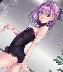Rule 34 | 1girl, absurdres, ass, black bow, black dress, black panties, bow, breasts, closed mouth, collarbone, condom, detached collar, dress, fate/grand order, fate (series), frills, hair bow, helena blavatsky (fate), highres, hip focus, looking back, orochi itto, panties, purple eyes, purple hair, short dress, short hair, small breasts, smile, solo, solo focus, sweat, thighs, underwear, used condom