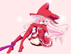 Rule 34 | 1girl, animal hat, bad id, bad pixiv id, boots, capelet, cat hat, figuneria (sennen sensou aigis), full body, hat, knee boots, nachisuke (nachi comic), pink background, pink hair, red eyes, red footwear, sennen sensou aigis, solo, striped clothes, striped thighhighs, tentacles, thighhighs, witch hat