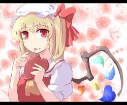 Rule 34 | 1girl, ascot, bad id, bad pixiv id, blonde hair, embodiment of scarlet devil, female focus, flandre scarlet, hat, heart, kuro goma (kakkou11), letterboxed, red eyes, ribbon, short hair, side ponytail, skirt, solo, tongue, tongue out, touhou, whitesesame, wings