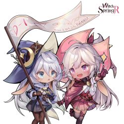 Rule 34 | 2girls, absurdres, belt, blue eyes, chibi, flag, hand grab, hat, highres, holding, holding flag, long hair, luna (witch springs), mage staff, multiple girls, official art, pieberry (witch springs), pointing, red eyes, robe, skirt, thighhighs, very long ears, white hair, witch hat, witch springs