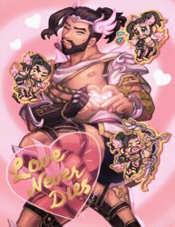 Rule 34 | 1boy, arrow (projectile), asian, bara, beard, brown hair, chibi, chibi inset, cupid hanzo, facial hair, feet out of frame, hanzo (overwatch), heart, heart hands, large pectorals, looking at viewer, male focus, muscular, muscular male, official alternate costume, overwatch, pectorals, puckered lips, short hair, thick eyebrows, tiara, underpec, valentine, yvn futon