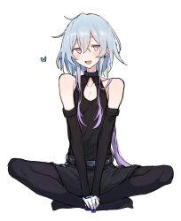 Rule 34 | 1boy, arknights, azuma shino, belt, blue hair, blush, cleavage cutout, clothing cutout, crossed legs, heart, highres, infection monitor (arknights), long hair, male focus, mizuki (arknights), multicolored hair, pink eyes, simple background, sitting, sleeveless, smile, solo, white background