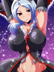Rule 34 | 00s, 1girl, :&gt;, aokura shou, arm up, armpits, bare shoulders, blue hair, breasts, breasts apart, cleavage, collarbone, detached sleeves, eas (fresh precure!), elbow gloves, fresh precure!, gloves, higashi setsuna, highres, huge breasts, jewelry, looking at viewer, navel, precure, red eyes, short hair, smile, solo, star (symbol), starry background, stomach, upper body