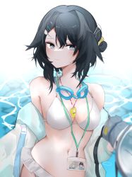 Rule 34 | 1girl, absurdres, arknights, bare shoulders, bikini, black hair, breasts, goggles, goggles around neck, grey eyes, gupipy, hair between eyes, highres, jacket, la pluma (arknights), la pluma (summer flowers) (arknights), lanyard, large breasts, looking at viewer, navel, official alternate costume, open clothes, open jacket, short hair, smile, solo, stomach, swimsuit, upper body, water, white bikini