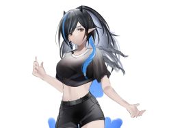 Rule 34 | 1girl, arknights, black eyes, black hair, black shirt, black shorts, blacknight (arknights), blue hair, commentary, cowboy shot, crop top, crop top overhang, eugle na, head tilt, highres, horns, long hair, looking at viewer, midriff, multicolored hair, navel, pointy ears, ponytail, shirt, short shorts, shorts, solo, standing, stomach, streaked hair, unfinished