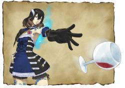 Rule 34 | 1girl, alcohol, black hair, bloodstained: ritual of the night, blue eyes, brown hair, concept art, cup, detached sleeves, drinking glass, gauntlets, gradient background, gradient hair, hair between eyes, hair ornament, miriam (bloodstained), multicolored hair, natsume yuji, official art, short hair, solo, stained glass, throwing, wine, wine glass