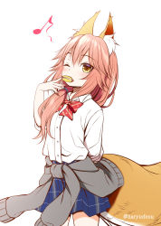 Rule 34 | 1girl, ;d, aged down, animal ears, blue skirt, blush, bow, brown eyes, brown hair, cardigan, cardigan around waist, clothes around waist, collared shirt, commentary request, diagonal stripes, dress shirt, eighth note, fate/extra, fate (series), food, fox ears, fox girl, fox tail, grey cardigan, hair between eyes, hair over shoulder, hand up, haryuu (poetto), highres, long hair, low ponytail, macaron, musical note, official alternate costume, one eye closed, open mouth, plaid, plaid skirt, pleated skirt, red bow, school uniform, shirt, simple background, skirt, smile, solo, striped, striped bow, tail, tamamo (fate), tamamo no mae (fate/extra), twitter username, white background, white shirt