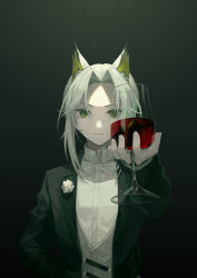 Rule 34 | 1girl, absurdres, alcohol, animal ear fluff, animal ears, arknights, black jacket, bow, bowtie, closed mouth, collared shirt, cup, cupping glass, dress shirt, drinking glass, flower, forehead, green eyes, grey hair, grey vest, highres, holding, holding cup, jacket, kal&#039;tsit (arknights), long sleeves, looking at viewer, miike (992058), nail polish, open clothes, open jacket, pink nails, shirt, solo, toasting (gesture), upper body, vest, white bow, white bowtie, white flower, white shirt, wine, wine glass