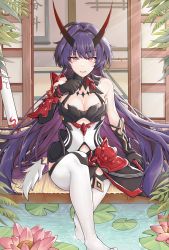 Rule 34 | 1girl, :d, absurdres, ahoge, architecture, armor, bare shoulders, black gloves, breasts, cleavage, east asian architecture, flower, full body, gauntlets, gloves, highres, honkai (series), honkai impact 3rd, horns, japanese armor, lily (flower), long hair, looking at viewer, no shoes, open mouth, purple eyes, purple hair, raiden mei, raiden mei (herrscher of thunder), ryouya (ryoya), sitting, smile, solo, thighhighs, wading, water, white thighhighs, wooden floor