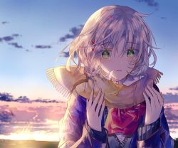 Rule 34 | 1girl, blue sky, blush, cardigan, chunnkoromochi, evening, fringe trim, green eyes, hair ornament, hands up, jacket, open clothes, open jacket, original, outdoors, parted bangs, parted lips, scarf, school uniform, sky, solo, tears, twilight, upper body, x hair ornament, yellow scarf