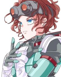 Rule 34 | 1girl, animification, apex legends, black gloves, blue eyes, brown hair, floating hair, freckles, from side, frown, gloves, goggles, goggles on head, horizon (apex legends), looking up, mononobex, solo, spacesuit
