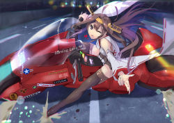 Rule 34 | 10s, 1980s (style), 1girl, absurdres, akira (manga), armadillo-tokage, between legs, breasts, chromatic aberration, crossover, detached sleeves, heart, highres, kaneda shoutarou&#039;s bike, kantai collection, kongou (kancolle), looking at viewer, motor vehicle, motorcycle, oldschool, one eye closed, retro artstyle, road, sitting, small breasts, solo, solo focus, sticker, street, thighs, vehicle