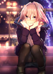 Rule 34 | 1boy, astolfo (fate), astolfo (memories at trifas) (fate), black bow, black pantyhose, blush, bow, braid, commentary request, fang, fate/grand order, fate (series), hair bow, hair intakes, jacket, long hair, looking at viewer, male focus, multicolored hair, nakajima kotoko, official alternate costume, pantyhose, pink hair, purple eyes, purple jacket, single braid, skin fang, smile, solo, streaked hair, trap