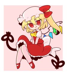 Rule 34 | 1girl, ascot, blonde hair, blouse, collared shirt, crystal, fang, flandre scarlet, frilled shirt collar, frilled skirt, frilled sleeves, frills, hat, highres, laevatein (touhou), mary janes, medium hair, mob cap, one side up, op na yarou, pink background, puffy short sleeves, puffy sleeves, red eyes, red footwear, red skirt, red vest, shirt, shoes, short hair, short sleeves, sitting, skirt, skirt set, slit pupils, solo, touhou, vest, white hat, white shirt, wings, wrist cuffs, yellow ascot