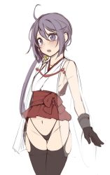 Rule 34 | 1girl, ahoge, akebono (kancolle), bell, black thighhighs, breasts, commentary request, grey eyes, grey hair, hair bell, hair ornament, highleg, highleg panties, japanese clothes, kantai collection, long hair, nontraditional miko, panties, side ponytail, sideboob, simple background, solo, standing, thighhighs, underwear, very long hair, white background, yuki to hana
