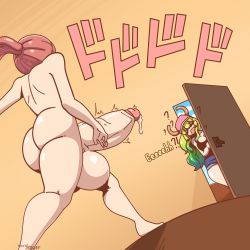 Rule 34 | 1futa, 1girl, absurdres, closed eyes, clothed female nude female, clothes, embarrassed, english text, erection, futa with female, futanari, gradient hair, hat, highres, horns, huge penis, huge testicles, jojo reference, kobayashi-san chi no maidragon, kobayashi (maidragon), long hair, lucoa (maidragon), meme, multicolored hair, nude, open mouth, penis, precum, red hair, sweat, testicles, theyeager, veins, veiny penis