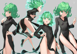 Rule 34 | 1girl, absurdres, ass, black dress, breasts, closed mouth, collared dress, colored eyelashes, covered navel, curly hair, dress, flipped hair, glowing, green eyes, green hair, hand on own hip, highres, kawakami rokkaku, long sleeves, looking at viewer, one-punch man, open mouth, petite, revision, short hair, side slit, simple background, small breasts, smile, tatsumaki, telekinesis, thighs
